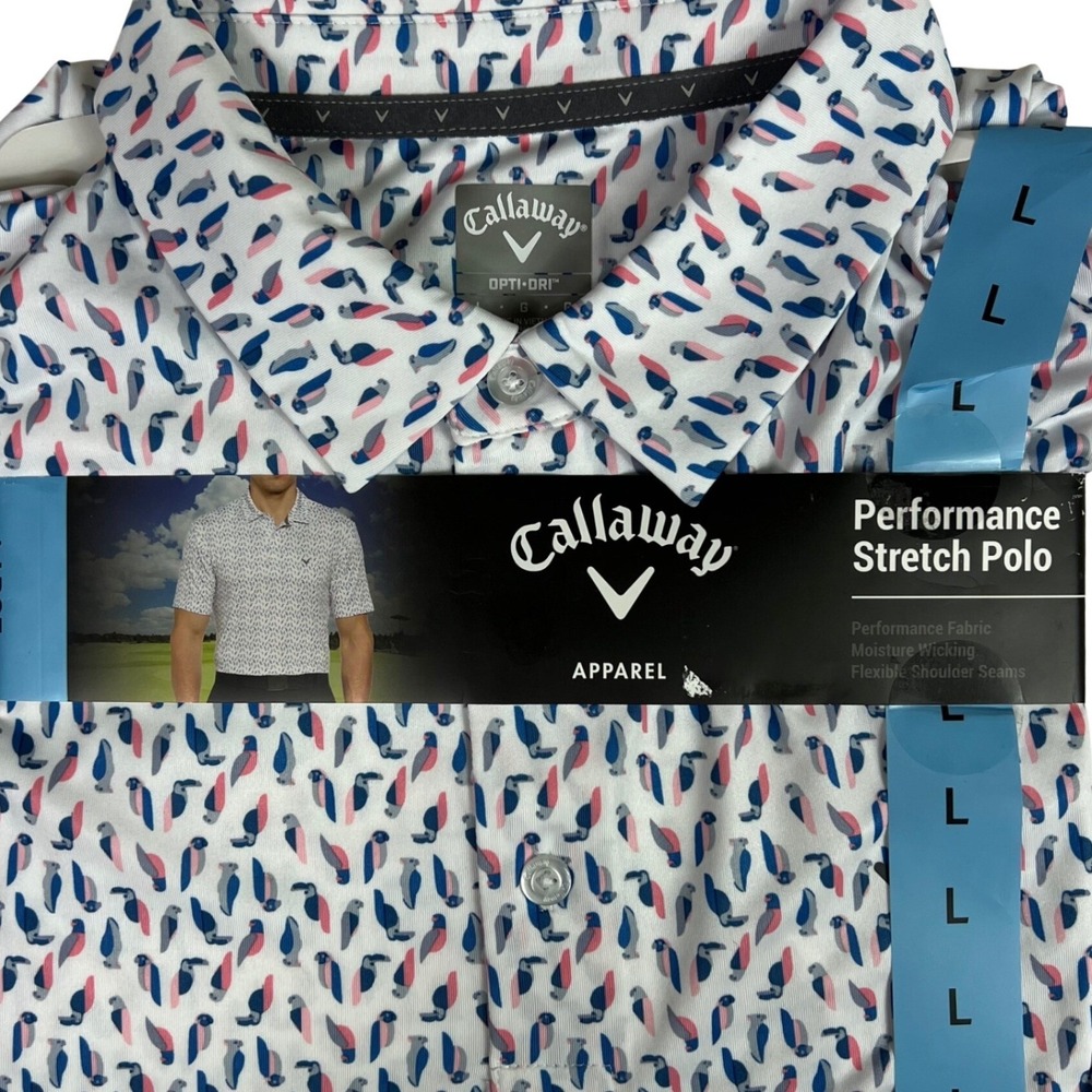 Callaway Mens Large Performance Stretch Polo Shirt White Bird Print Opti-Dri NWT
